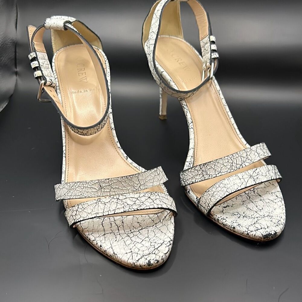 J Crew Size 9 Crackled Ankle Strap High Heel Leather Sandals White Black Marble